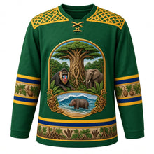 Load image into Gallery viewer, Gabon Original Hockey Jersey in Okoume Green, front view – ornate raffia-weave yoke and okoumé tree crest with mandrill and forest elephant, detailed artwork, custom name and number