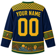 Load image into Gallery viewer, Gabon Original Hockey Jersey in Ivindo Night, back view with your name and number – raffia-weave yoke and Atlantic wave hem band, detailed artwork