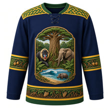 Load image into Gallery viewer, Gabon Original Hockey Jersey in Ivindo Night, front view – ornate raffia-weave yoke and okoumé tree crest with mandrill and forest elephant, detailed artwork, custom name and number