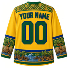 Load image into Gallery viewer, Gabon Original Hockey Jersey in Equator Yellow, back view with your name and number – raffia-weave yoke and Atlantic wave hem band, detailed artwork