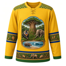 Load image into Gallery viewer, Gabon Original Hockey Jersey in Equator Yellow, front view – ornate raffia-weave yoke and okoumé tree crest with mandrill and forest elephant, detailed artwork, custom name and number