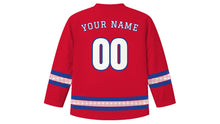 Load image into Gallery viewer, Gaecheonjeol Original Hockey Jersey in Hanbok Red, back view with your name and number
