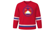 Load image into Gallery viewer, Gaecheonjeol Original Hockey Jersey in Hanbok Red, front view – custom name and number
