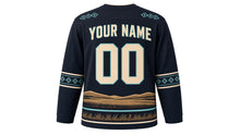 Load image into Gallery viewer, Galloping Horse Prairie Original Hockey Jersey in Midnight Ranch, back view with your name and number – western diamond yoke and diamond-stitch sleeve stripes