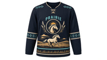 Load image into Gallery viewer, Galloping Horse Prairie Original Hockey Jersey in Midnight Ranch, front view – powerful horse galloping across an open prairie with horse-head rope crest, custom name and number