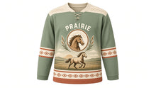 Load image into Gallery viewer, Galloping Horse Prairie Original Hockey Jersey in Prairie Sage, front view – powerful horse galloping across an open prairie with horse-head rope crest, custom name and number