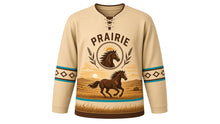 Load image into Gallery viewer, Galloping Horse Prairie Original Hockey Jersey in Desert Sand, front view – powerful horse galloping across an open prairie with horse-head rope crest, custom name and number
