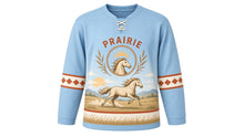 Load image into Gallery viewer, Galloping Horse Prairie Original Hockey Jersey in Big Sky Blue, front view – powerful horse galloping across an open prairie with horse-head rope crest, custom name and number