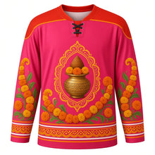 Load image into Gallery viewer, Gangaur Original Hockey Jersey in Rani Pink, front view with themed artwork and clean crest
