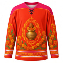 Load image into Gallery viewer, Gangaur Original Hockey Jersey in Vermilion Red, front view with themed artwork and clean crest