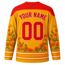 Load image into Gallery viewer, Gangaur Original Hockey Jersey in Marigold Yellow, back view with custom YOUR NAME and 00
