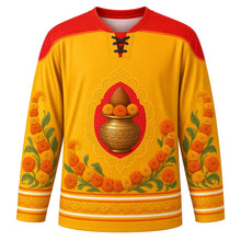 Load image into Gallery viewer, Gangaur Original Hockey Jersey in Marigold Yellow, front view with themed artwork and clean crest