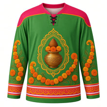 Load image into Gallery viewer, Gangaur Original Hockey Jersey in Leaf Green, front view with themed artwork and clean crest