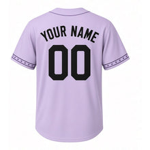 Load image into Gallery viewer, Garden Gnome Milwaukee Baseball Jersey in Bloom Lavender, back view with your name and number – custom block name and number with flower-dot sleeves