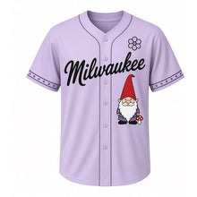 Load image into Gallery viewer, Garden Gnome Milwaukee Baseball Jersey in Bloom Lavender, front view – smiling garden gnome with red pointed hat and mushroom graphic, custom name and number