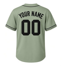 Load image into Gallery viewer, Garden Gnome Milwaukee Baseball Jersey in Garden Sage, back view with your name and number – custom block name and number with flower-dot sleeves