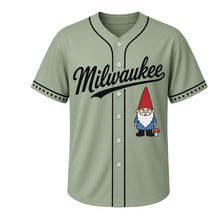 Load image into Gallery viewer, Garden Gnome Milwaukee Baseball Jersey in Garden Sage, front view – smiling garden gnome with red pointed hat and mushroom graphic, custom name and number
