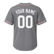 Load image into Gallery viewer, Garden Gnome Milwaukee Baseball Jersey in Stone Path Gray, back view with your name and number – custom block name and number with flower-dot sleeves