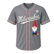 Load image into Gallery viewer, Garden Gnome Milwaukee Baseball Jersey in Stone Path Gray, front view – smiling garden gnome with red pointed hat and mushroom graphic, custom name and number