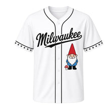 Load image into Gallery viewer, Garden Gnome Milwaukee Baseball Jersey in Picket White, front view – smiling garden gnome with red pointed hat and mushroom graphic, custom name and number