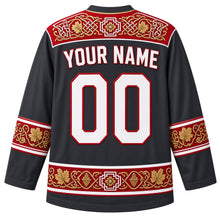 Load image into Gallery viewer, Georgia Original Hockey Jersey in Caucasus Charcoal, back view with your name and number – knotwork-and-grapevine yoke and qvevri hem band, detailed artwork