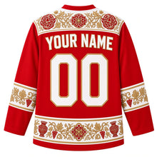Load image into Gallery viewer, Georgia Original Hockey Jersey in Tbilisi Red, back view with your name and number – knotwork-and-grapevine yoke and qvevri hem band, detailed artwork