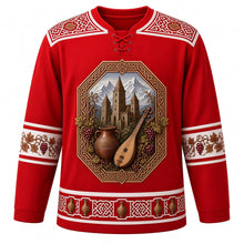 Load image into Gallery viewer, Georgia Original Hockey Jersey in Tbilisi Red, front view – ornate knotwork-and-grapevine yoke and a crest of Svaneti stone tower houses with qvevri and panduri, detailed artwork, custom name and number
