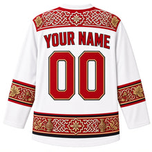 Load image into Gallery viewer, Georgia Original Hockey Jersey in Kazbegi Snow White, back view with your name and number – knotwork-and-grapevine yoke and qvevri hem band, detailed artwork