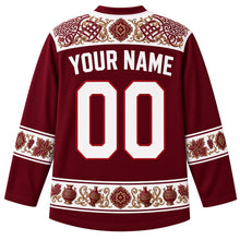 Load image into Gallery viewer, Georgia Original Hockey Jersey in Saperavi Wine, back view with your name and number – knotwork-and-grapevine yoke and qvevri hem band, detailed artwork