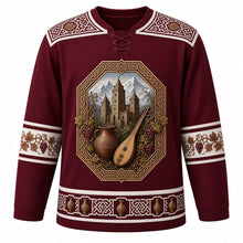Load image into Gallery viewer, Georgia Original Hockey Jersey in Saperavi Wine, front view – ornate knotwork-and-grapevine yoke and a crest of Svaneti stone tower houses with qvevri and panduri, detailed artwork, custom name and number