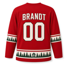Load image into Gallery viewer, Germany Black Forest Pines Original Hockey Jersey in Cherry Red, back view with your name and number