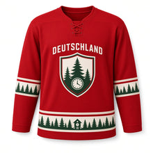Load image into Gallery viewer, Germany Black Forest Pines Original Hockey Jersey in Cherry Red, front view – custom name and number