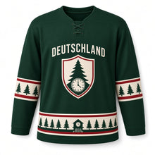 Load image into Gallery viewer, Germany Black Forest Pines Original Hockey Jersey in Black Forest Green, front view – custom name and number
