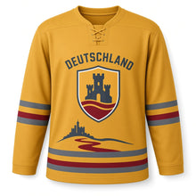 Load image into Gallery viewer, Germany Rhine Castle Original Hockey Jersey in Riesling Gold, front view – custom name and number