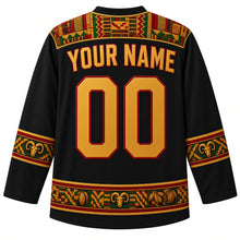 Load image into Gallery viewer, Ghana Original Hockey Jersey in Ebony Black, back view with your name and number – kente-weave yoke and Adinkra-symbol sleeve bands, detailed artwork