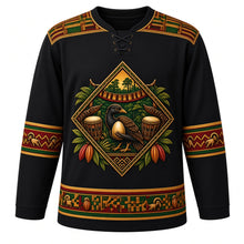 Load image into Gallery viewer, Ghana Original Hockey Jersey in Ebony Black, front view – ornate kente-weave yoke and Sankofa crest with talking drums and cocoa pods, detailed artwork, custom name and number