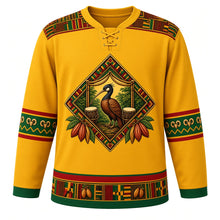 Load image into Gallery viewer, Ghana Original Hockey Jersey in Kente Gold, front view – ornate kente-weave yoke and Sankofa crest with talking drums and cocoa pods, detailed artwork, custom name and number