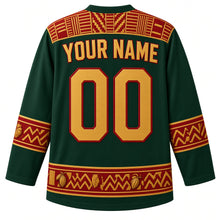 Load image into Gallery viewer, Ghana Original Hockey Jersey in Kakum Green, back view with your name and number – kente-weave yoke and Adinkra-symbol sleeve bands, detailed artwork