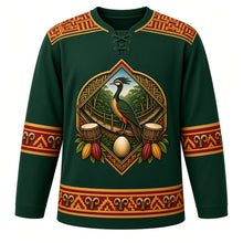 Load image into Gallery viewer, Ghana Original Hockey Jersey in Kakum Green, front view – ornate kente-weave yoke and Sankofa crest with talking drums and cocoa pods, detailed artwork, custom name and number