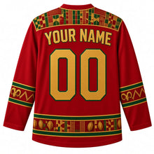 Load image into Gallery viewer, Ghana Original Hockey Jersey in Adinkra Red, back view with your name and number – kente-weave yoke and Adinkra-symbol sleeve bands, detailed artwork