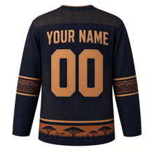 Load image into Gallery viewer, Golden Lion Pride Original Hockey Jersey in Midnight Bronze, back view with your name and number – sun-ray chevron yoke and savanna grass hem stripes