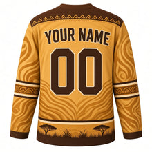 Load image into Gallery viewer, Golden Lion Pride Original Hockey Jersey in Savanna Gold, back view with your name and number – sun-ray chevron yoke and savanna grass hem stripes
