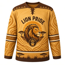 Load image into Gallery viewer, Golden Lion Pride Original Hockey Jersey in Savanna Gold, front view – lion head with stylized mane, savanna sunset and paw-and-crown crest, custom name and number