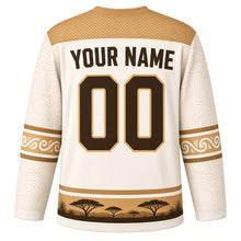 Load image into Gallery viewer, Golden Lion Pride Original Hockey Jersey in Ivory Mane, back view with your name and number – sun-ray chevron yoke and savanna grass hem stripes