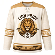 Load image into Gallery viewer, Golden Lion Pride Original Hockey Jersey in Ivory Mane, front view – lion head with stylized mane, savanna sunset and paw-and-crown crest, custom name and number