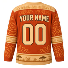 Load image into Gallery viewer, Golden Lion Pride Original Hockey Jersey in Sunset Terracotta, back view with your name and number – sun-ray chevron yoke and savanna grass hem stripes