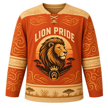 Load image into Gallery viewer, Golden Lion Pride Original Hockey Jersey in Sunset Terracotta, front view – lion head with stylized mane, savanna sunset and paw-and-crown crest, custom name and number
