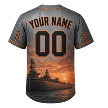 Load image into Gallery viewer, Grain Elevator Harbor Milwaukee Baseball Jersey in Silo Concrete Gray, back view with your name and number – riveted-steel and wheat-stalk trim on sleeves
