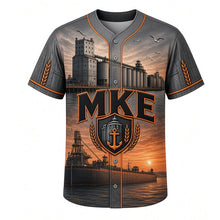 Load image into Gallery viewer, Grain Elevator Harbor Milwaukee Baseball Jersey in Silo Concrete Gray, front view – harbor grain elevators, silos and loading freighter, custom name and number