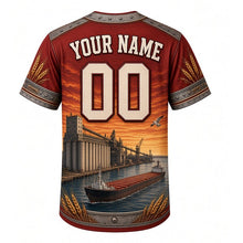 Load image into Gallery viewer, Grain Elevator Harbor Milwaukee Baseball Jersey in Harbor Rust, back view with your name and number – riveted-steel and wheat-stalk trim on sleeves